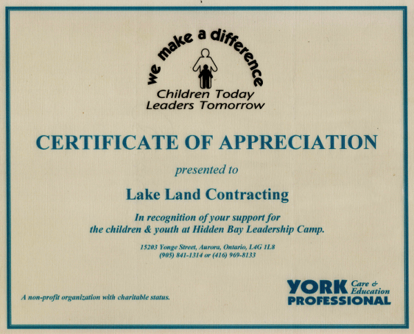Lakeland Contracting Certificate of Appreciation Certificate of Appreciation
